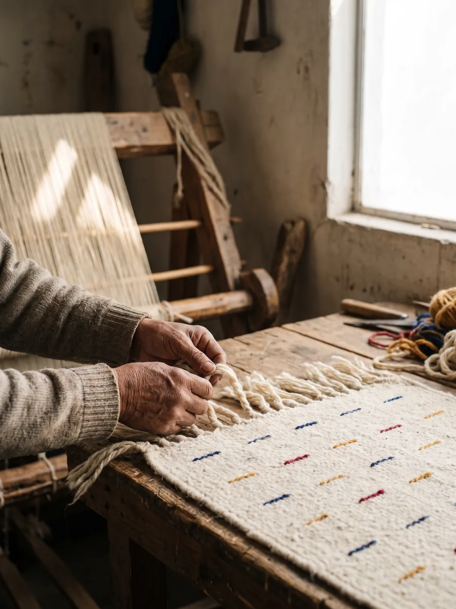 A weaver's hands twisting the warp ends of a finished rug into fringe, the ivory ground marked with rows of coloured dashes.