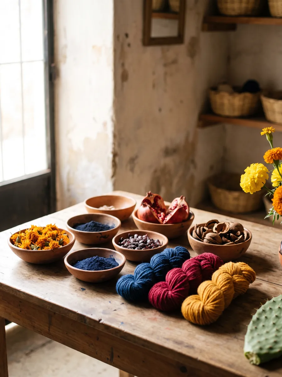 Clay bowls of dyestuffs on a workshop table: marigold heads, indigo, cochineal, pomegranate rind and walnut husk, with skeins of wool dyed blue, crimson and yellow.