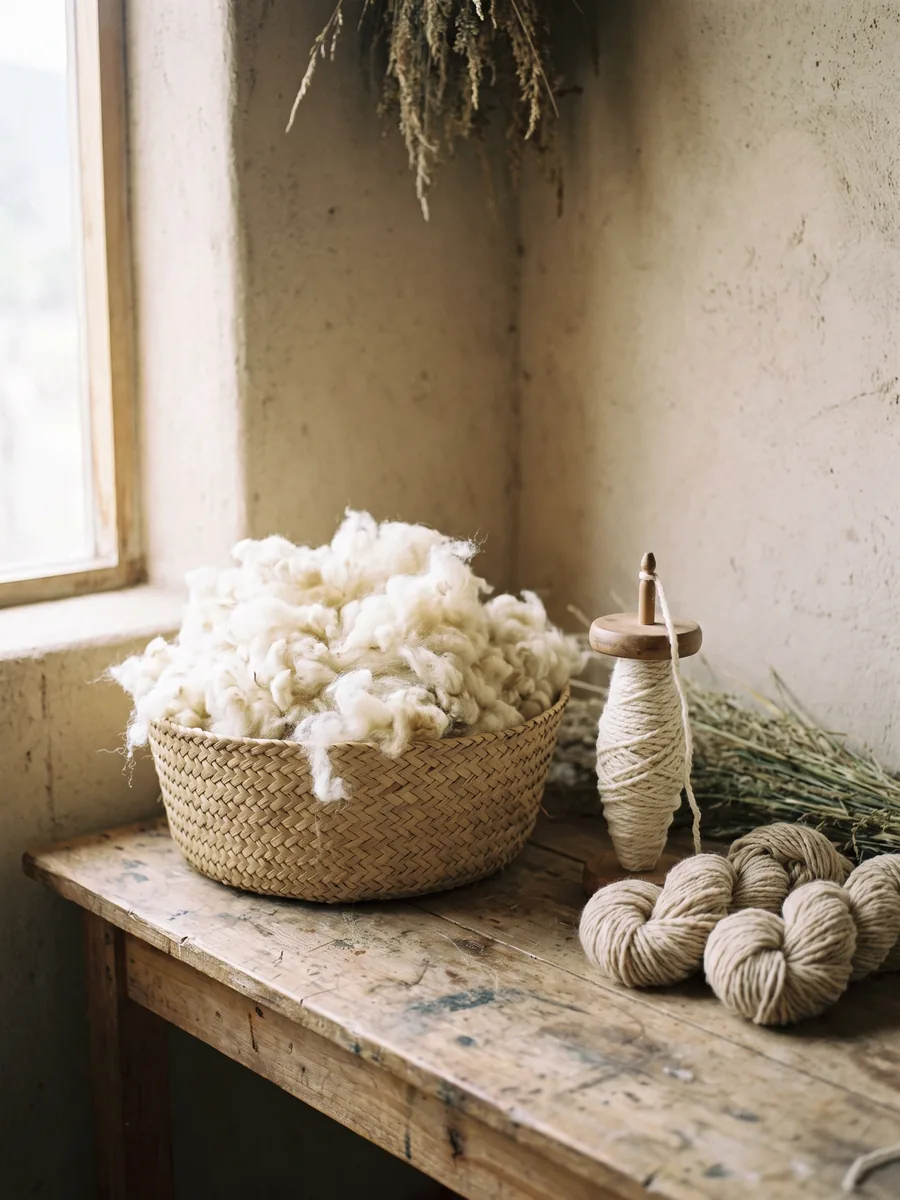 Raw undyed ivory fleece heaped in a palm basket by a window, beside a wooden spindle and skeins of hand-spun wool.