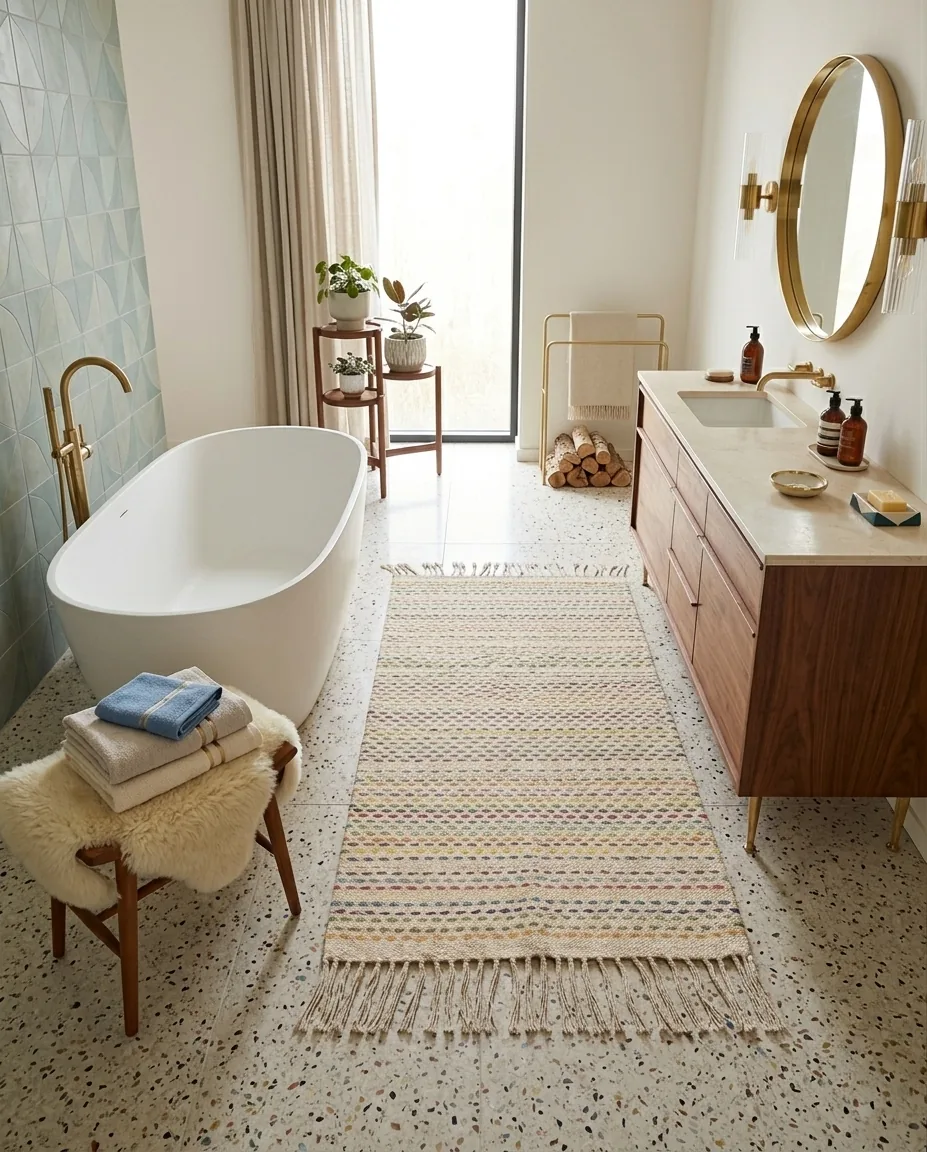 The rug used as a runner on a terrazzo bathroom floor, beside a freestanding bath.