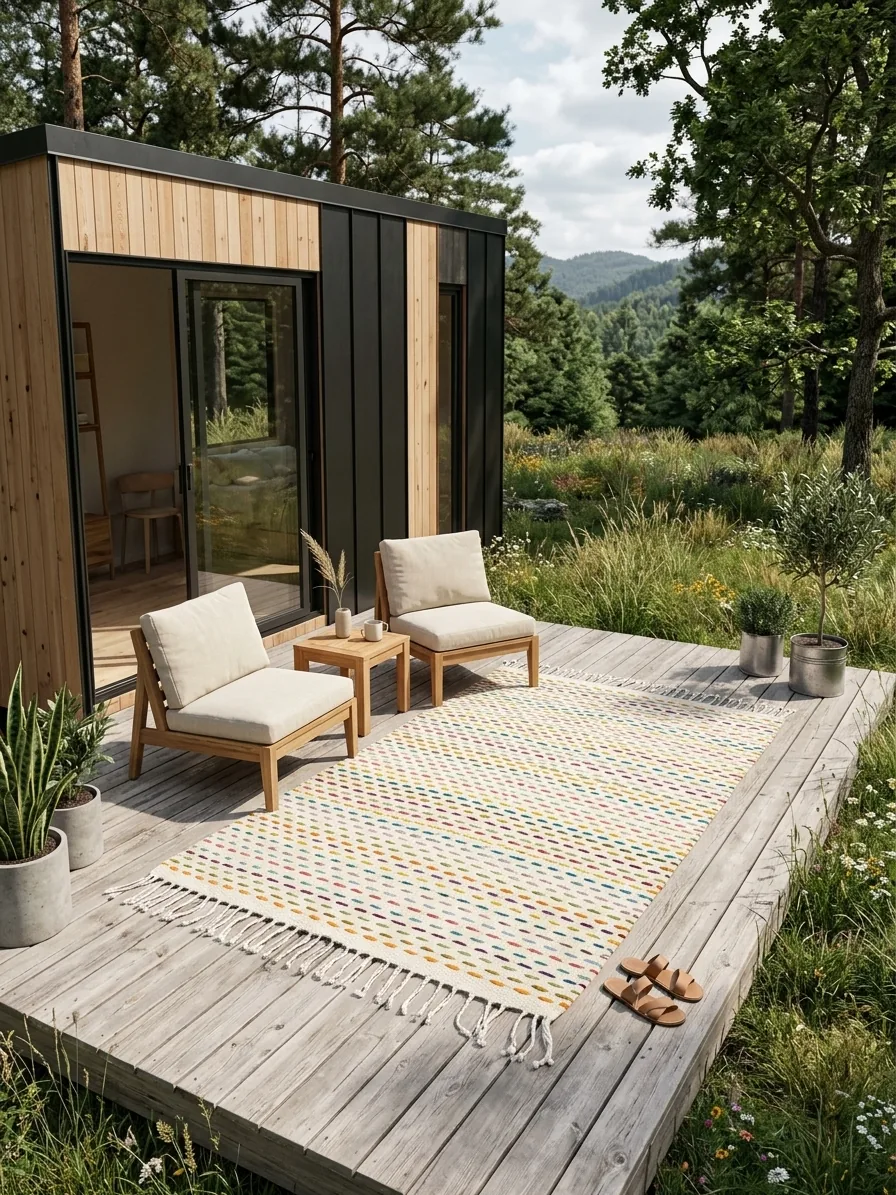 The rug on a weathered timber deck outside a small cabin, two chairs on it.