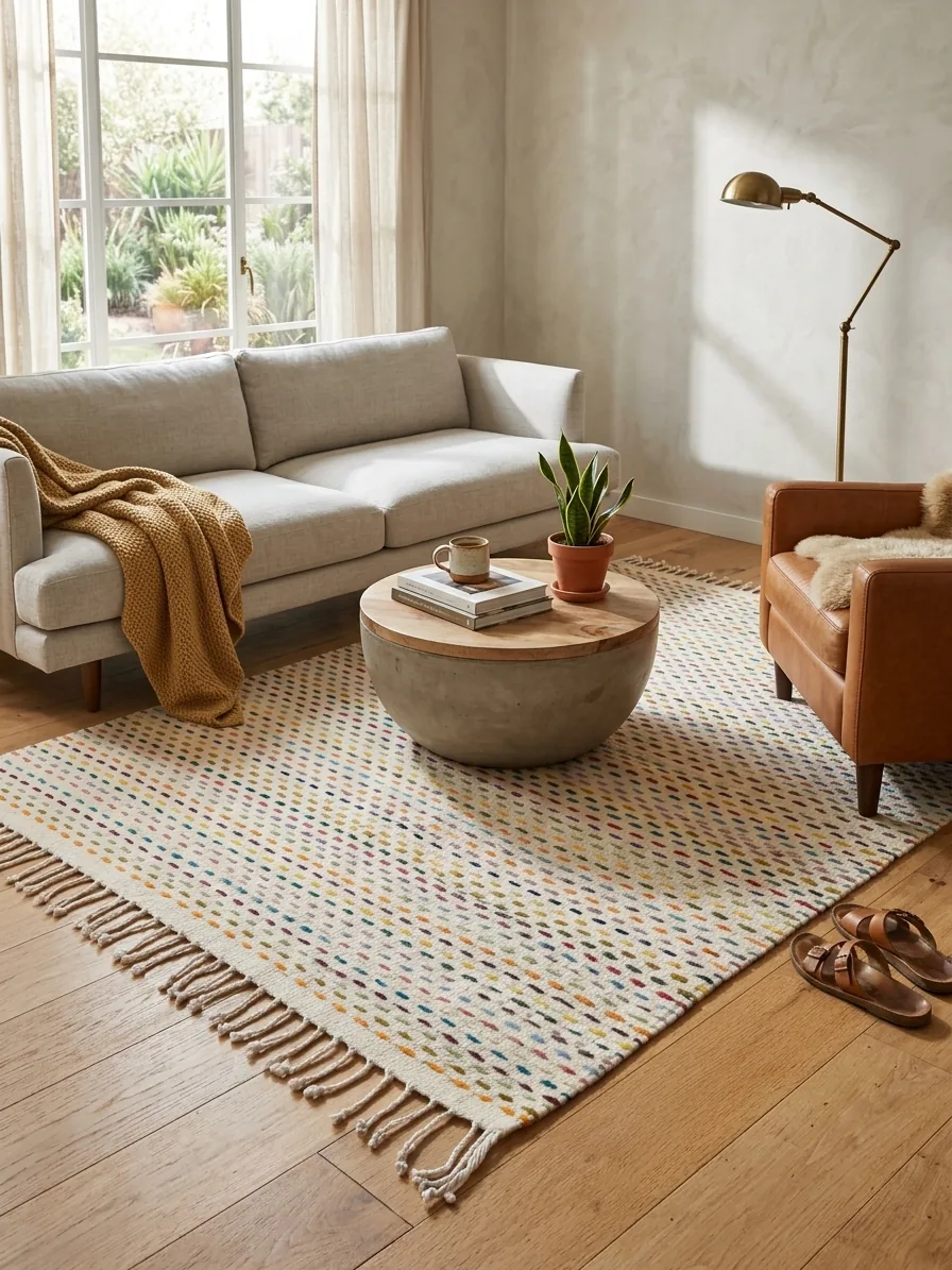 The rug on a wide-plank oak floor under a round concrete table, sofa and armchair around it.