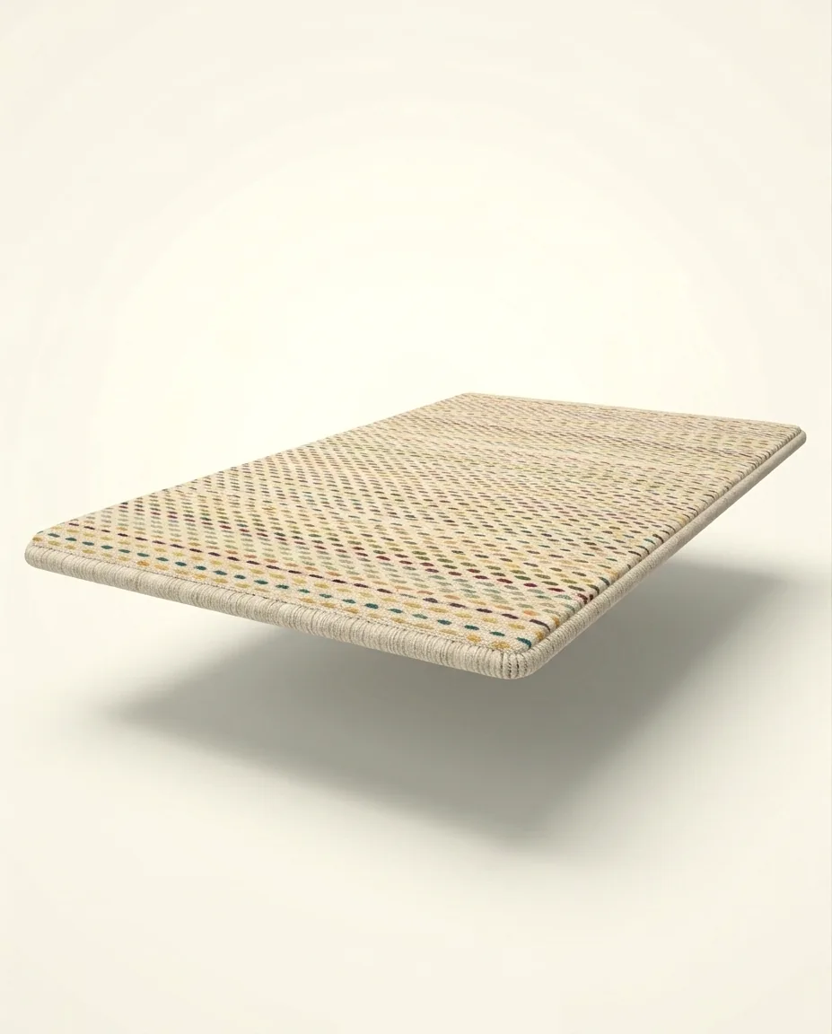 The whole rug from above: rows of colour running across a pale ground.
