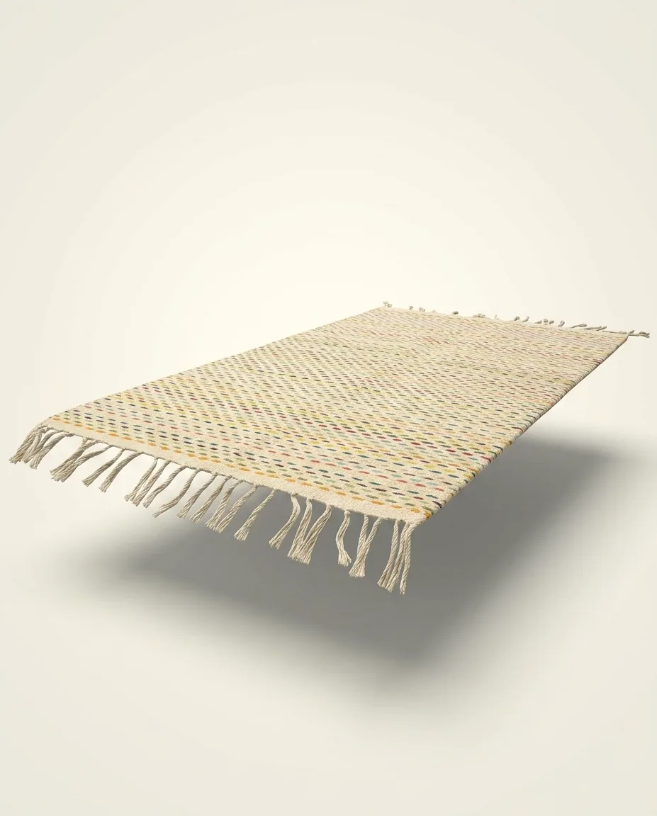 The whole rug at an angle, twisted fringe along the near end.