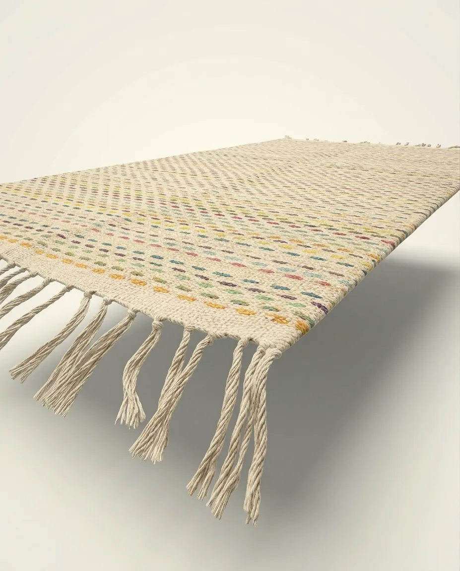 The near end close up: the woven edge and the twisted warp fringe.
