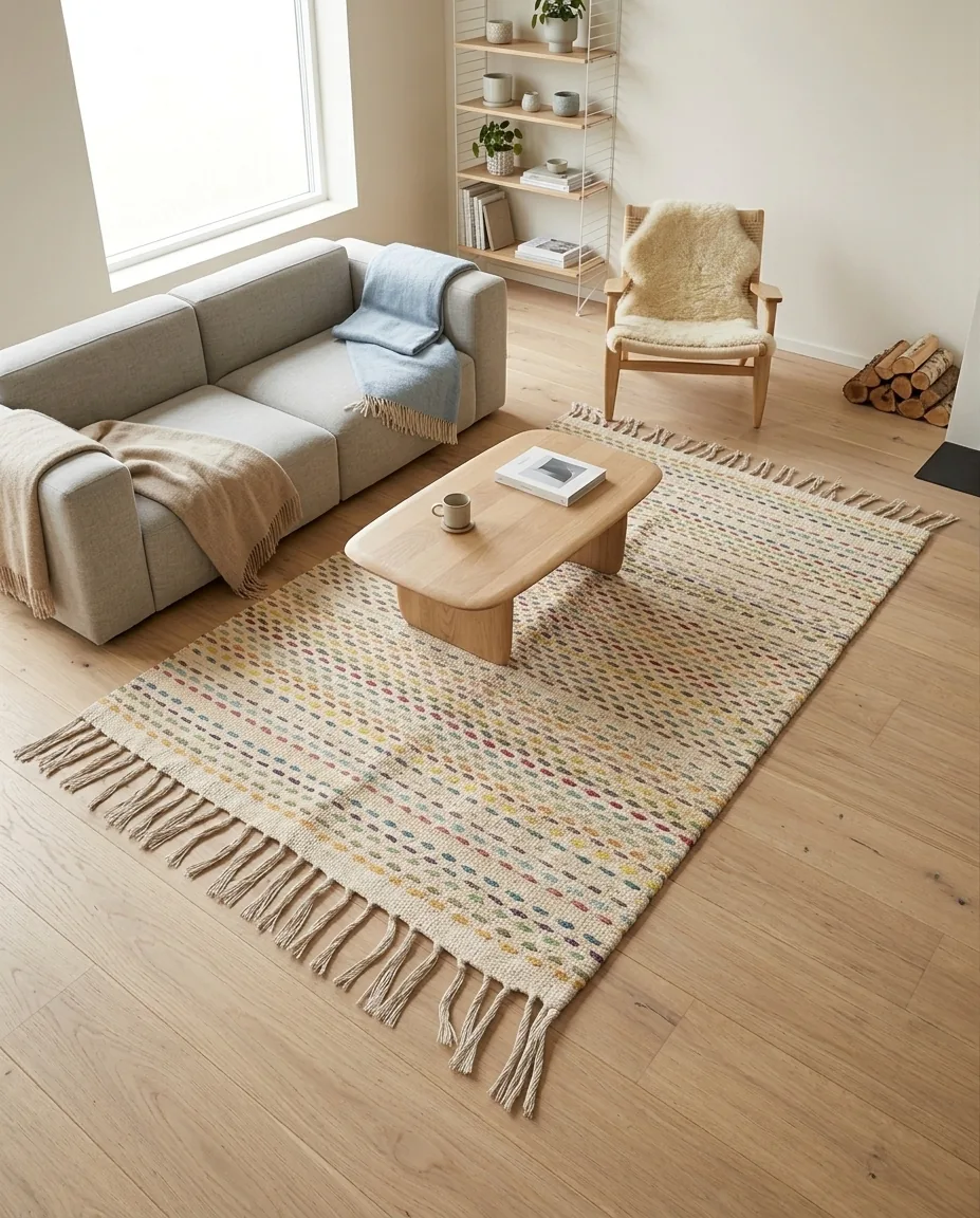 The rug seen from above on an oak floor, a low table standing on it, like a planted field seen from the air.